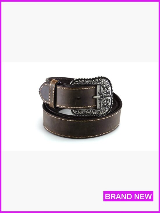Genuine Leather Western Belt Heavy Stitch Floral Buckle Classic Rugged Feminine